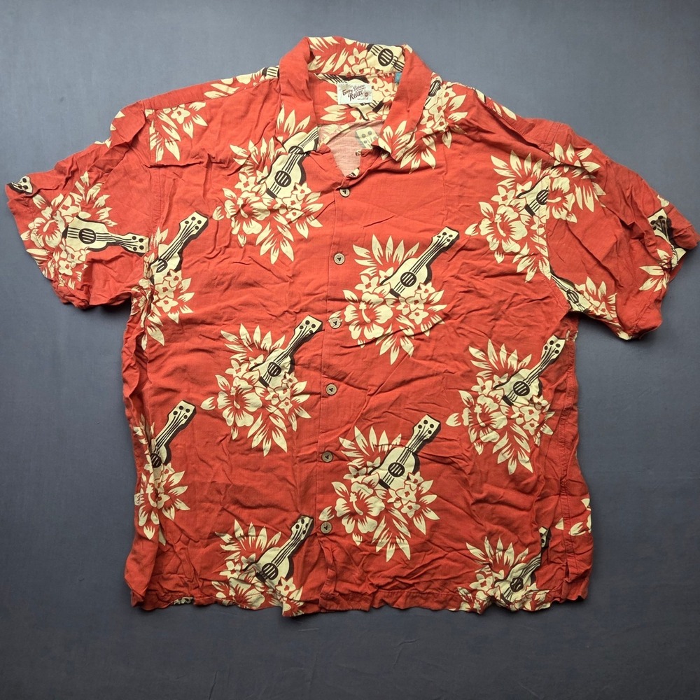 Tommy Bahama Button Shirt Mens XXL Orange Excellent Ukulele Floral Rayon Camp